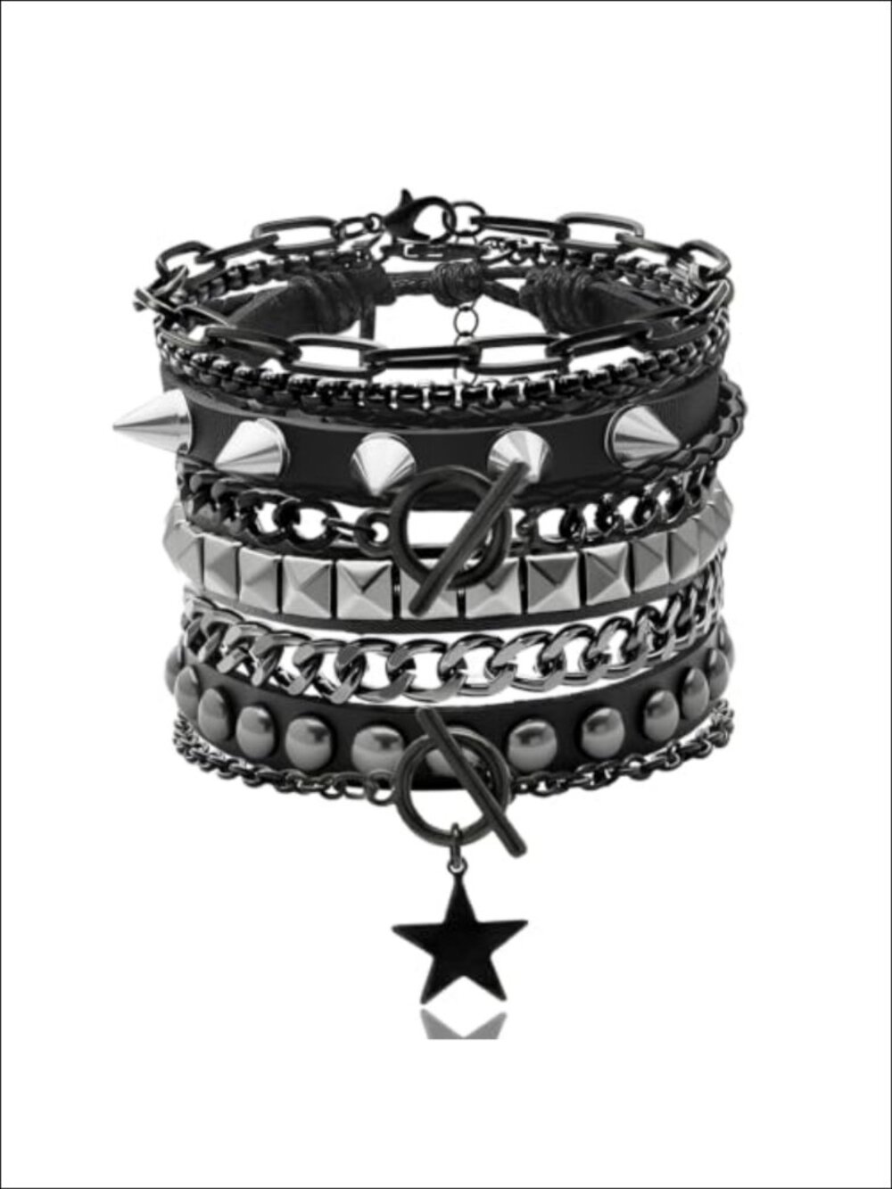 Punk Stackable Bracelet Set Zinc Alloy Leather Studded Cuffs Star Pendant